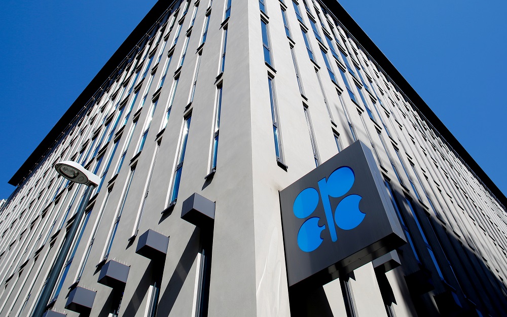 The logo of the Organization of the Petroleoum Exporting Countries (Opec) is seen outside of Opec's headquarters in Vienna April 9, 2020. u00e2u20acu2022 Reuters file pic