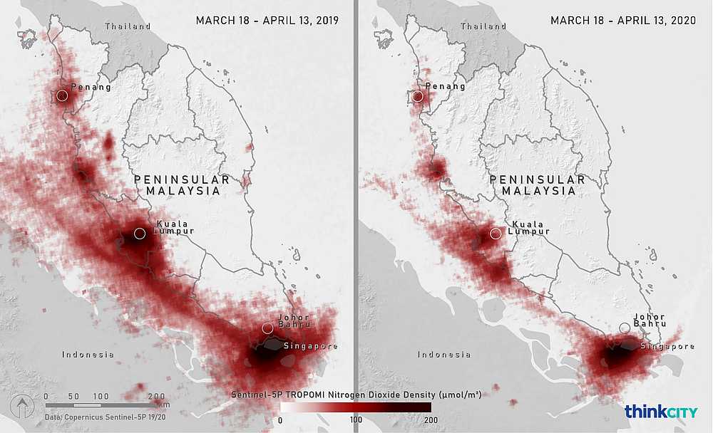 These maps show the nitrogen dioxide levels in Peninsular Malaysia from March 18 to April 13, 2019 (left) and March 18 to April 13, 2020 (right). u00e2u20acu201d Images courtesy of Think City