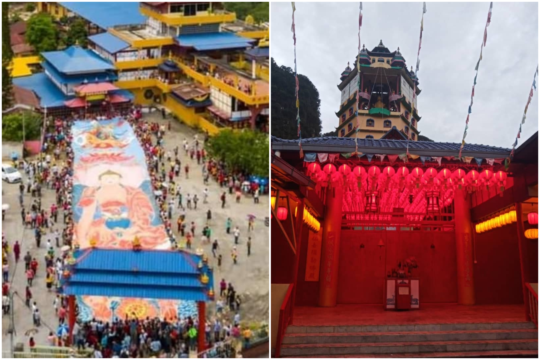 没法配合卫塞节进行每年的“晒大佛”活动（左），心意佛院只好以点吉祥灯的方式代替。-摘自打扪心意佛院FB-