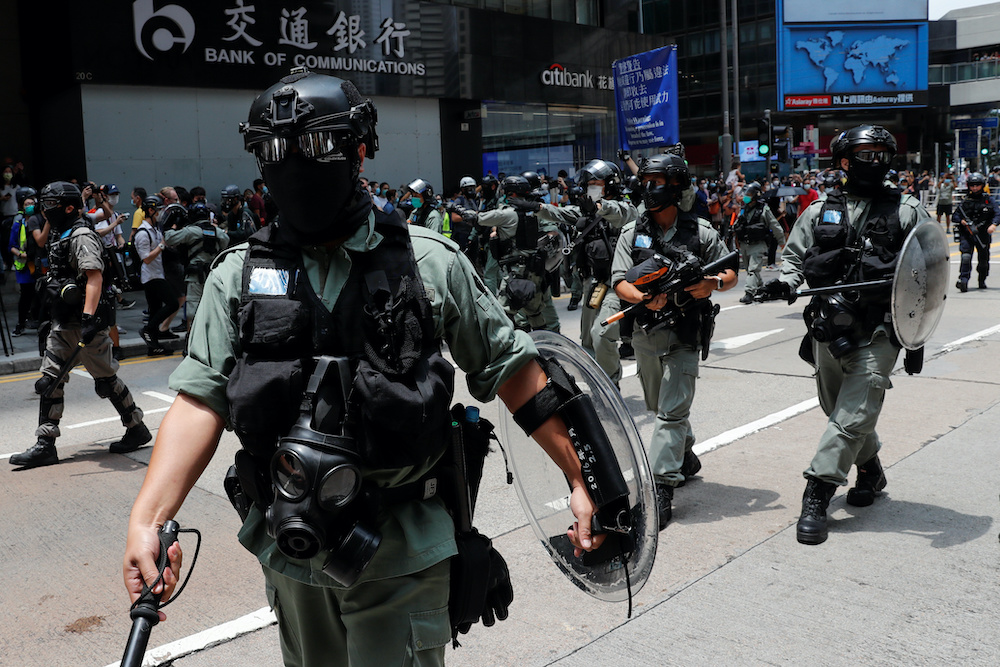 Riot police officers take position during a protest against the second reading of a controversial national anthem law in Hong Kong, China May 27, 2020. u00e2u20acu201d Reuters pic