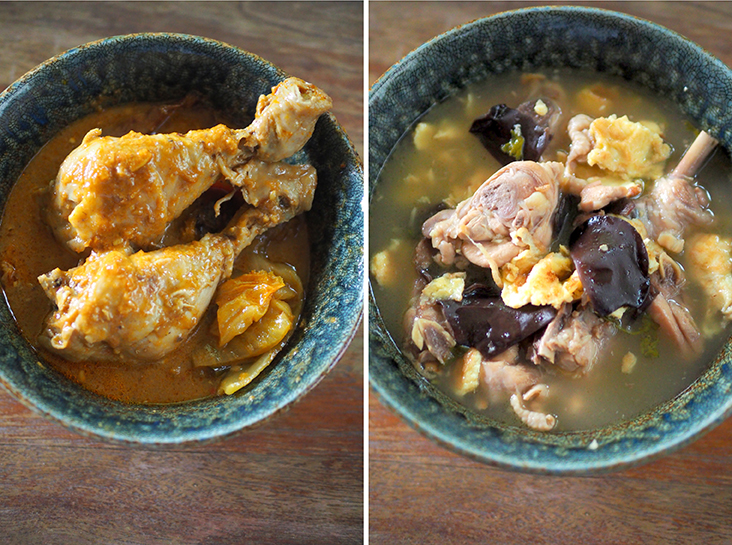 咸菜咖喱鸡（左图）和黄酒鸡（右图）。-Lee Khang Yi摄-