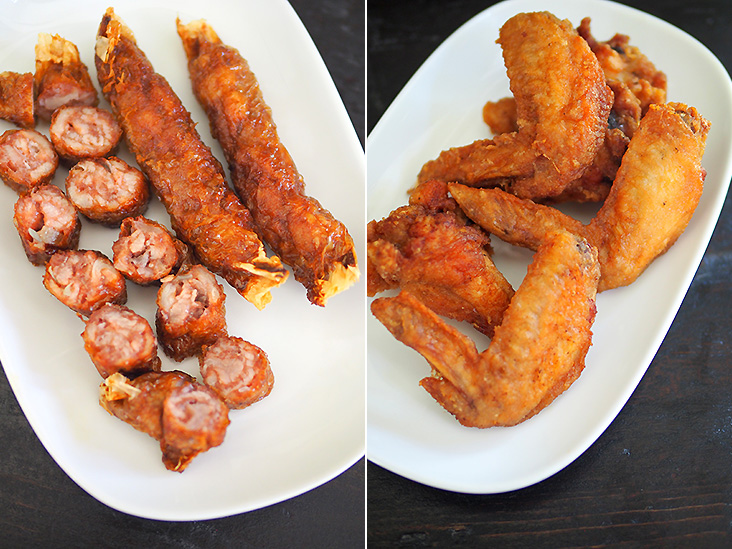 五香肉卷（左图）和虾酱炸鸡翅膀。-Lee Khang Yi摄-