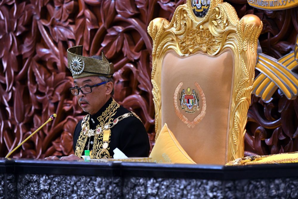 The Yang di-Pertuan Agong Al-Sultan Abdullah Ri'ayatuddin Al-Mustafa Billah Shah delivers the royal address during the opening of the first meeting of the third session of the 14th Parliament in Kuala Lumpur May 18, 2020. u00e2u20acu201d Bernama pic