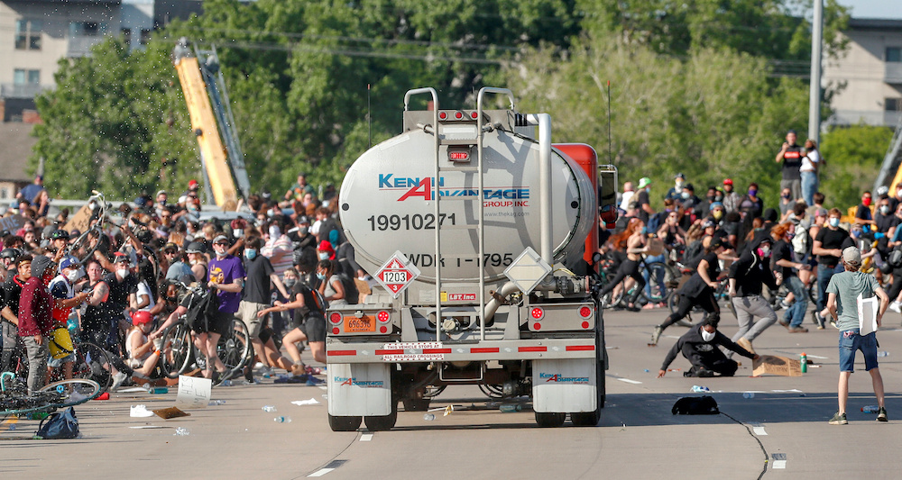 A tanker truck drives into thousands of protesters marching on 35W north bound highway during a protest against the death in Minneapolis police custody of George Floyd, in Minneapolis, Minnesota May 31, 2020. u00e2u20acu201d Reuters pic