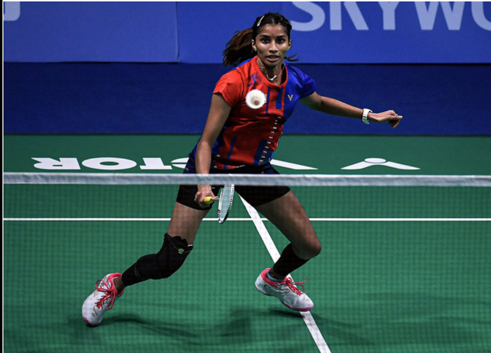 Malaysian badminton player S. Kisona in action against Indonesiau00e2u20acu2122s Ruselli Hartawan during the 2019 SEA Games in Manila December 9, 2019. u00e2u20acu201d Bernama pic