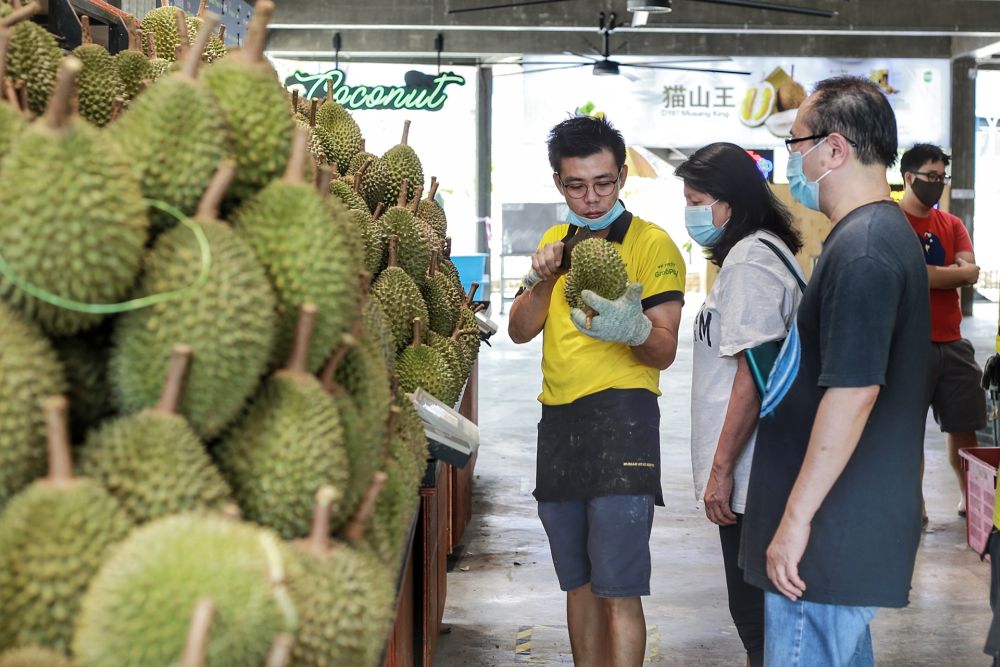 People choose durians at a shop in Petaling Jaya June 8, 2020. u00e2u20acu201d Picture by Ahmad Zamzahuri