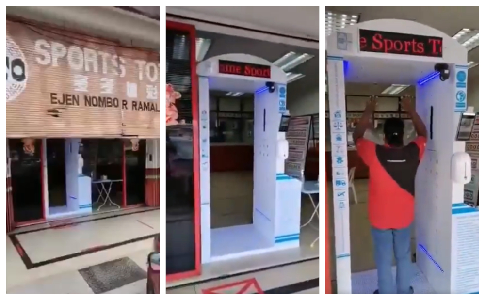 A Sports Toto outlet has taken additional safety measures with a disinfection booth at their entrance. u00e2u20acu201d Screenshot courtesy of Facebook/ Chandan Singh Nejar