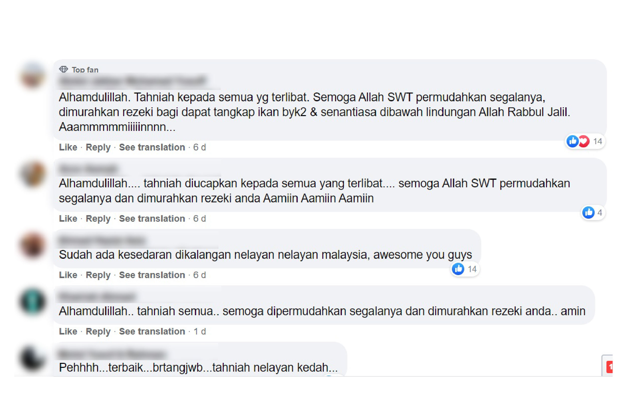 有些网民留言称赞这些渔夫。-图取自Jabatan Perikanan Malaysia (DOF)  脸书-