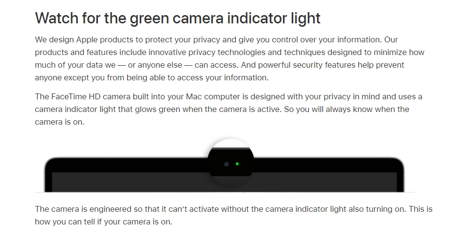 苹果电脑的摄像头是经过精心设计，因此必须先打开摄像头指示灯才能使用。-图摘自Soya Cincau-