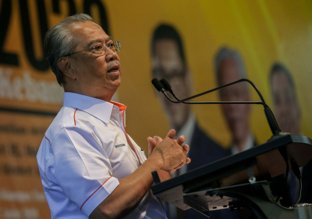 Prime Minister Tan Sri Muhyiddin Yassin speaks during the national level 2020 Felda Settlers Day at the Felda Mara Junior Science College (MRSM) Tun Abdul Razak Campus in Trolak July 7, 2020. u00e2u20acu201d Picture by Farhan Najib 