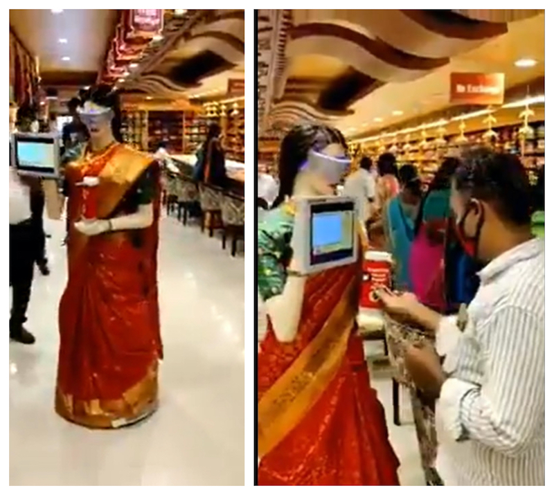 Saree-clad robot mannequin walking to offer customers hand sanitiser amid the Covid-19 pandemic. u00e2u20acu201d Screengrab via Twitter/HarshGoenka