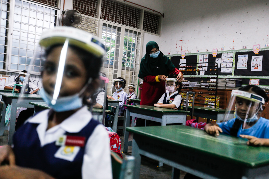 Sekolah Kebangsaan Methodist Perempuan students on their first day back at school in George Town July 22, 2020. u00e2u20acu201d Picture by Sayuti Zainudin