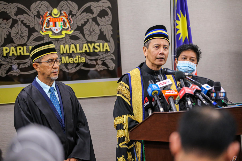 Dewan Rakyat Speaker Datuk Azhar Azizan Harun with his deputies Datuk Seri Azalina Othman and Mohd Rashid Hasnon during a press conference in Kuala Lumpur July 13, 2020. u00e2u20acu201d Picture by Hari Anggara