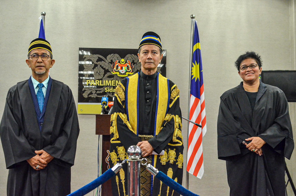 Dewan Rakyat Speaker Datuk Azhar Azizan Harun with his deputies Datuk Seri Azalina Othman and Mohd Rashid Hasnon during the second meeting of the third session of the 14th Parliament in Kuala Lumpur July 13, 2020. u00e2u20acu201d Picture by Hari Anggara 