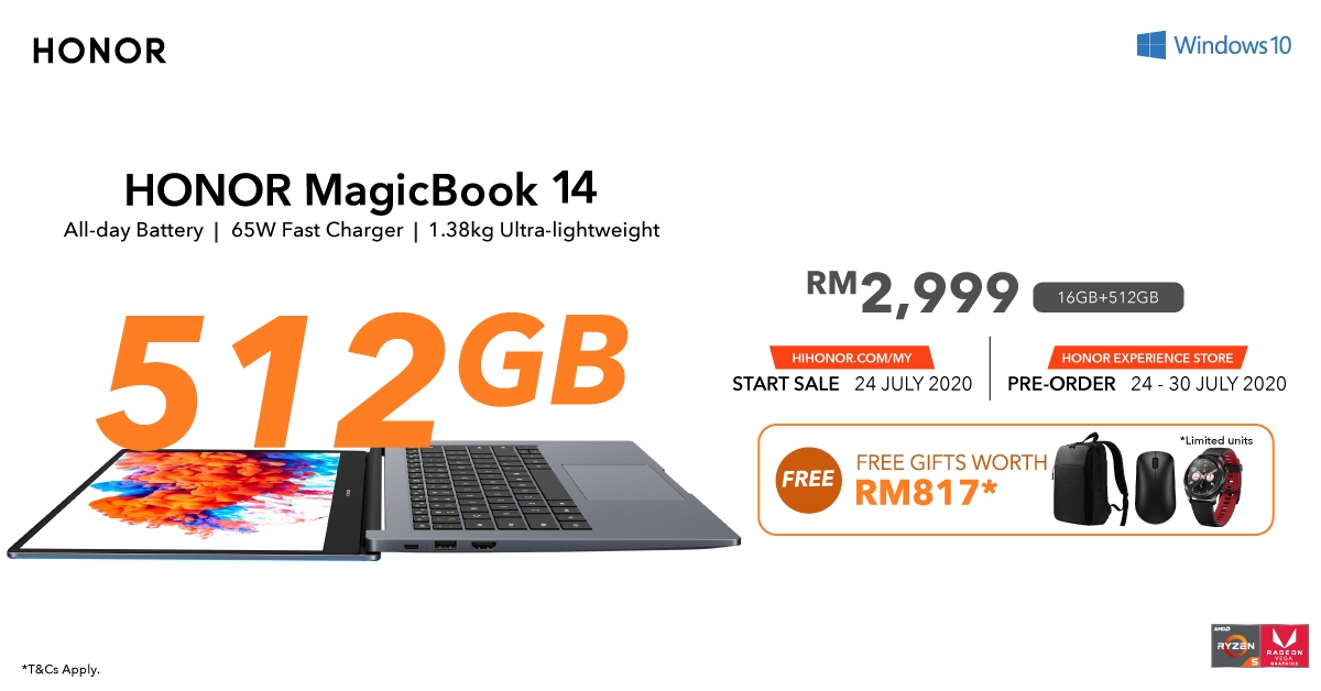 荣耀MagicBook 14（16GB + 512GB储存组合 ），售价为2999令吉。-图取自Soyacincau-