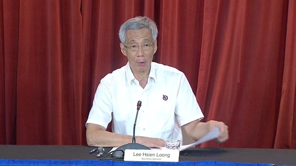 Singapore's Prime Minister Lee Hsien Loong speaks at a virtual press conference following the general elections in Singapore July 11, 2020. u00e2u20acu201d People's Action Party video image via Reuters 