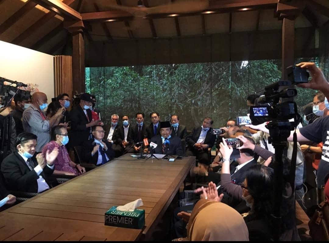Tan Sri Musa Aman (centre) addresses media personnel during a press conference at his home in Kota Kinabalu July 29, 2020. n