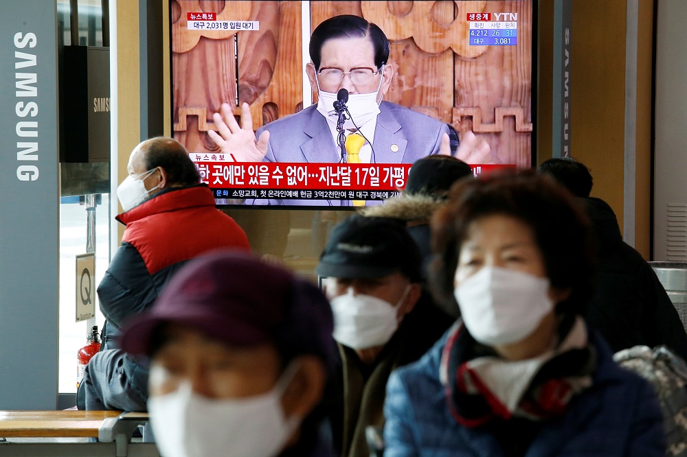 People watch a TV broadcasting a news report on a news conference held by Lee Man-hee, founder of the Shincheonji Church of Jesus the Temple of the Tabernacle of the Testimony, in Seoul March 2, 2020. u00e2u20acu201d Reuters pic
