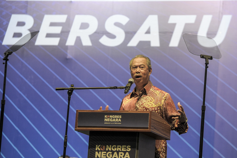 Tan Sri Muhyiddin Yassin delivers his speech during the National Congress: Unite For Malaysia event at Malaysia International Trade & Exhibition Centre (MITEC) in Kuala Lumpur, August 22, 2020. u00e2u20acu201d Picture by Shafwan Zaidon