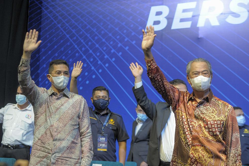 Datuk Seri Azmin Ali and Tan Sri Muhyiddin Yassin are seen during the National Congress: Unite For Malaysia event at Malaysia International Trade & Exhibition Centre (MITEC) in Kuala Lumpur, August 22, 2020. u00e2u20acu201d Picture by Shafwan Zaidon