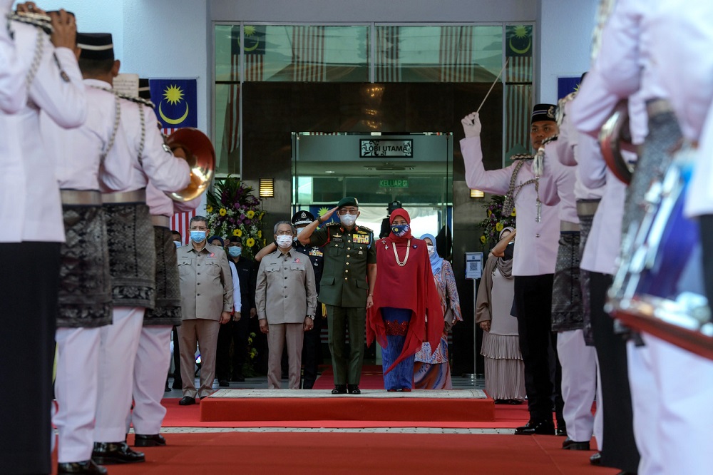 Yang di-Pertuan Agong Al-Sultan Abdullah Riu00e2u20acu2122ayatuddin Al-Mustafa Billah Shah and Raja Permaisuri Agong Tunku Hajah Azizah Aminah Maimunah Iskandariah at the Merdeka Day celebration in Putrajaya August 31, 2020. u00e2u20acu201d Bernama pic