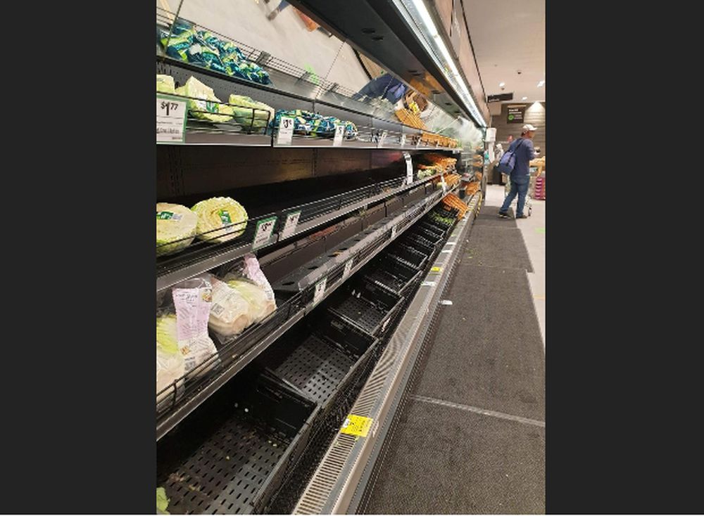 Near empty shelves are seen at the vegetable section of a supermarket amid the coronavirus disease outbreak in Melbourne, Victoria, Australia, in this August 2, 2020 photo obtained from social media. via Reuters