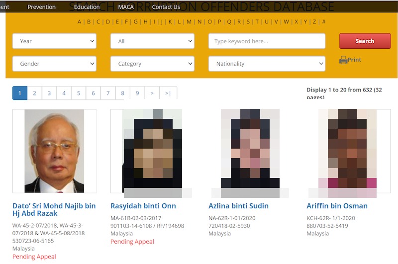 在反贪会“贪污罪犯数据库”，纳吉的名字被置顶在首页。-图截自反贪会官网-