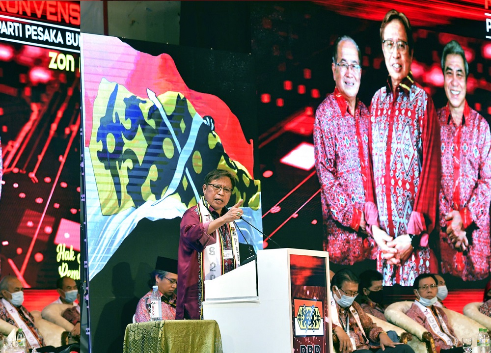 Sarawak Chief Minister Datuk Patinggi Abang Johari Openg delivers a speech during the opening ceremony of the Parti Pesaka Bumiputera Bersatu mini-convention in Betong September 26, 2020. u00e2u20acu201d Bernama pic