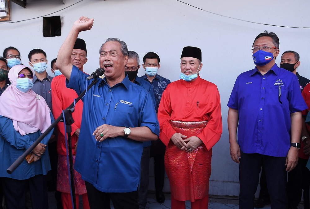 Prime Minister Tan Sri Muhyiddin Yassin speaks at the Tuaran Bersatu office in Sulaman this morning where he had arrived to support Bersatu Sabah chief Datuk Seri Hajiji Mohd Noor, September 12, 2020. u00e2u20acu2022 Bernama pic