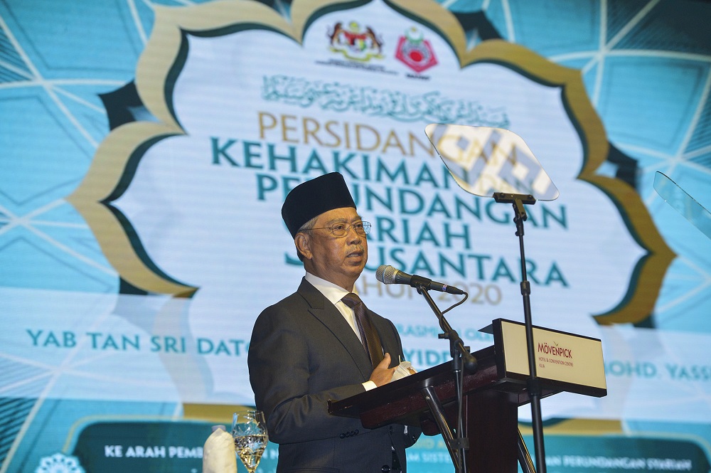Prime Minister Tan Sri Muhyiddin Yassin speaks during the launch of the 2020 Nusantara Syariah Judicial and Legal Conference in Sepang September 29, 2020. u00e2u20acu2022 Picture by Miera Zulyana