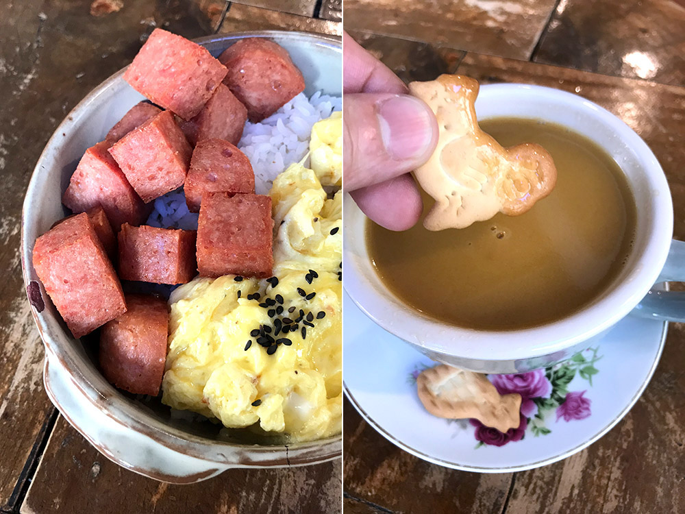 午餐肉炒蛋饭（左）和酮类的奶油咖啡（右）。-Kenny Mah摄-