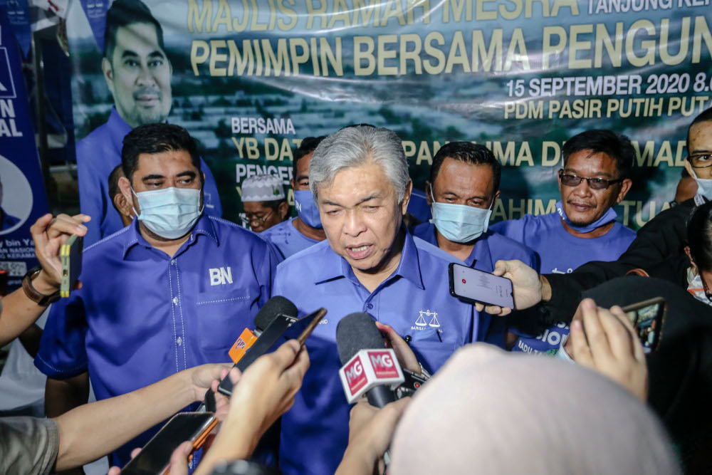 BN chairman Datuk Seri Ahmad Zahid Hamidi speaks to reporters in Tanjung Keramat, Sabah September 15, 2020. u00e2u20acu201d Picture by Firdaus Latif