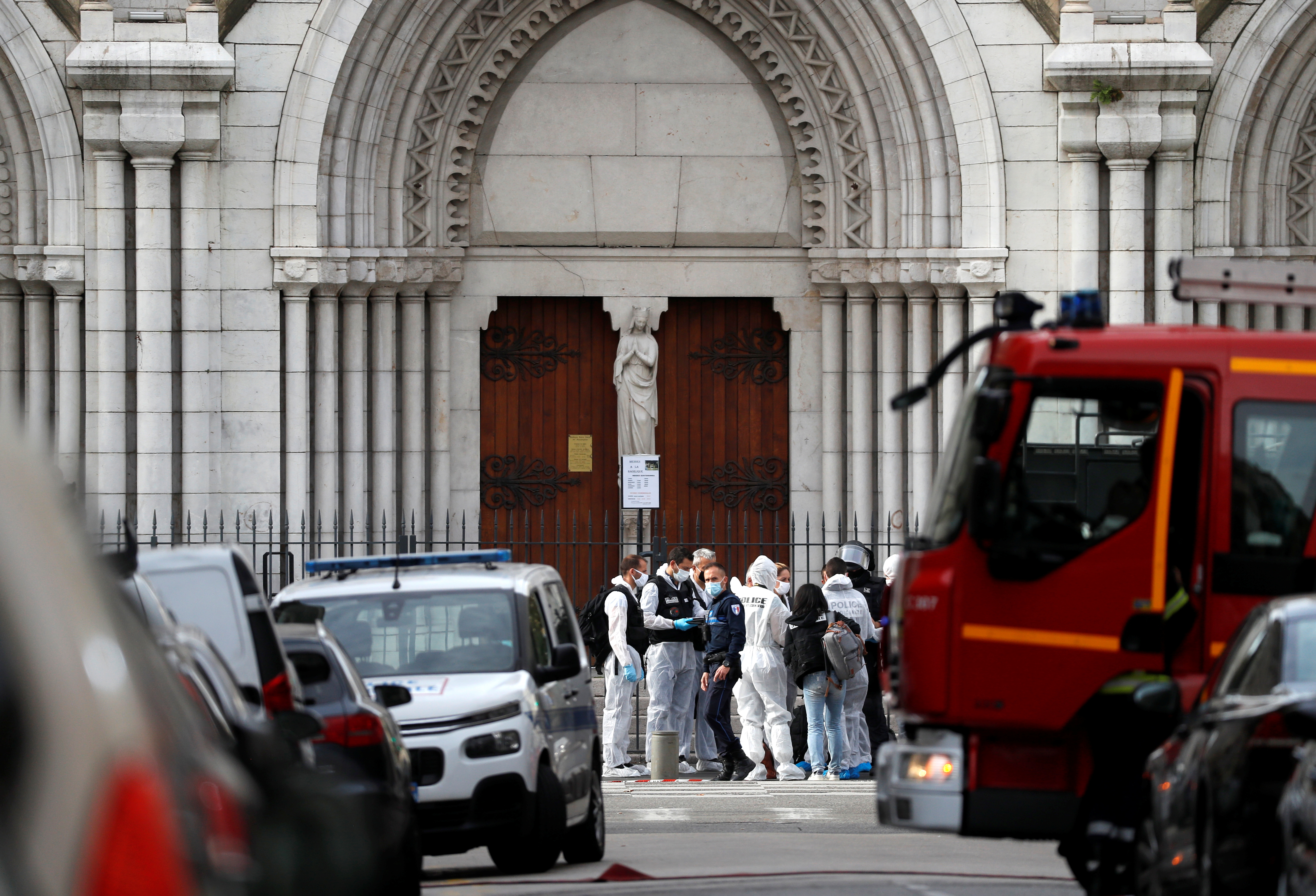 Forensic specialists inspect the area after a reported knife attack at Notre Dame church in Nice, France October 29, 2020. u00e2u20acu201d Reuters pic