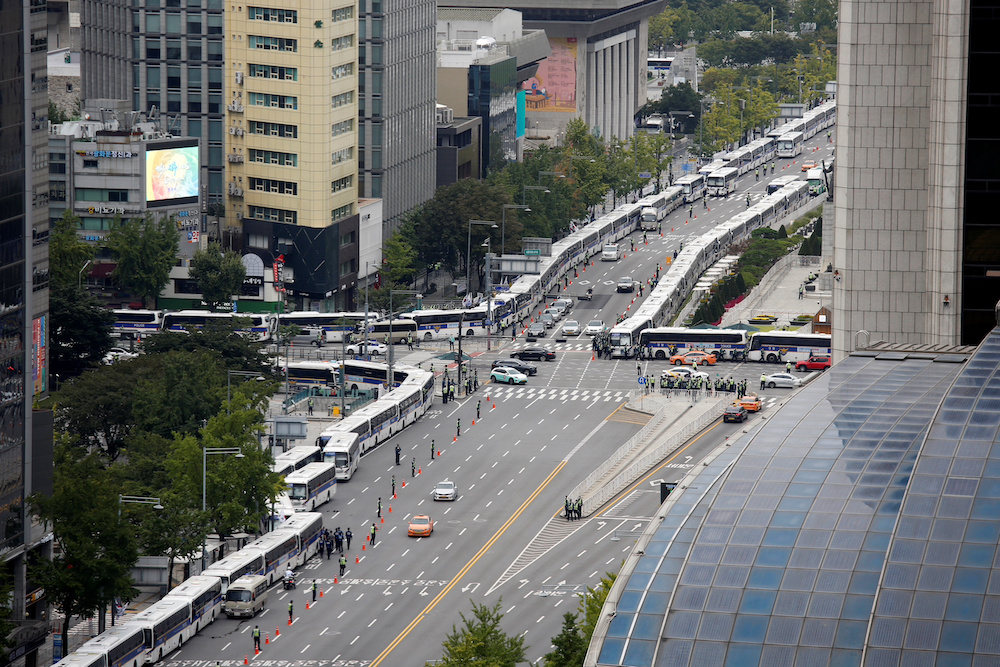 Police buses are parked surrounding the Gwanghwamun square to prevent unexpected anti-government protests amid the coronavirus disease (COVID-19) pandemic in central Seoul, South Korea, October 3, 2020. u00e2u20acu201d Reuters pic
