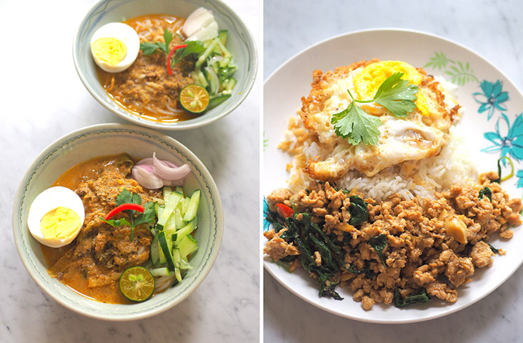 Siam Laksa（左）的汤头因加入了椰奶，使其味道更浓郁香甜，泰式打抛鸡肉饭（右）罗勒的味道很淡，害怕香料味的民众也可以大快朵颐。-Lee Khang Yi摄-
