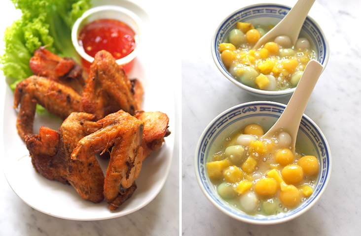 泰式炸鸡翅（左）和泰式汤团（右）是必不可少的点缀。-Lee Khang Yi摄-