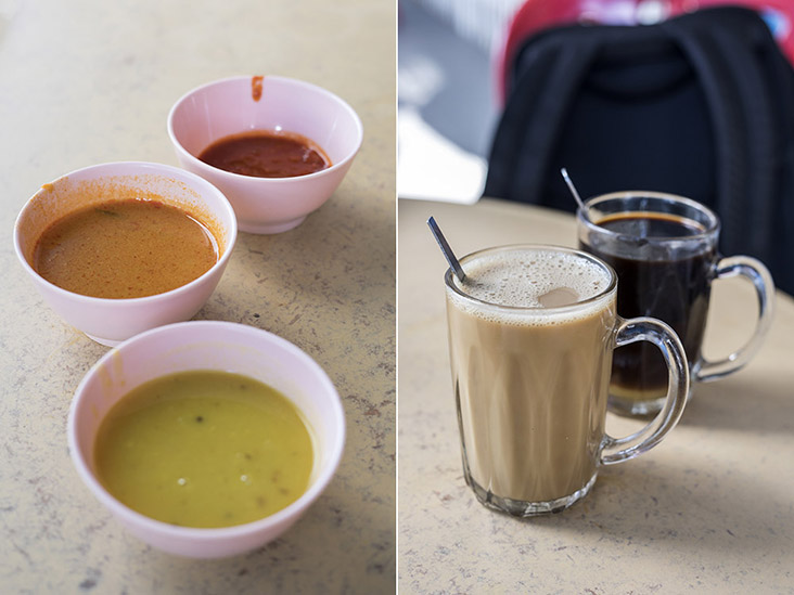 这里提供不同的酱料（左图），还有售卖拉茶和咖啡（右图）。-CK Lim摄-