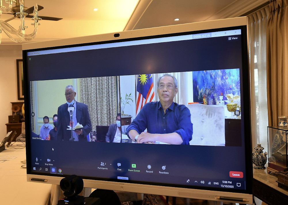 Prime Minister Tan Sri Muhyiddin Yassin speaking during a live video broadcast press conference at his residence in Kuala Lumpur October 13, 2020. u00e2u20acu201d Bernama pic 