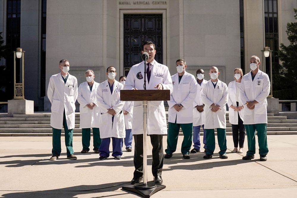 US Navy Commander Dr. Sean Conley, the White House physician, flanked by other doctors, talks to reporters about US President Donald Trumpu00e2u20acu2122s health, at Walter Reed National Military Medical Center in Bethesda, Maryland, US, October 3, 2020. u00e2u20acu201d Reuters 