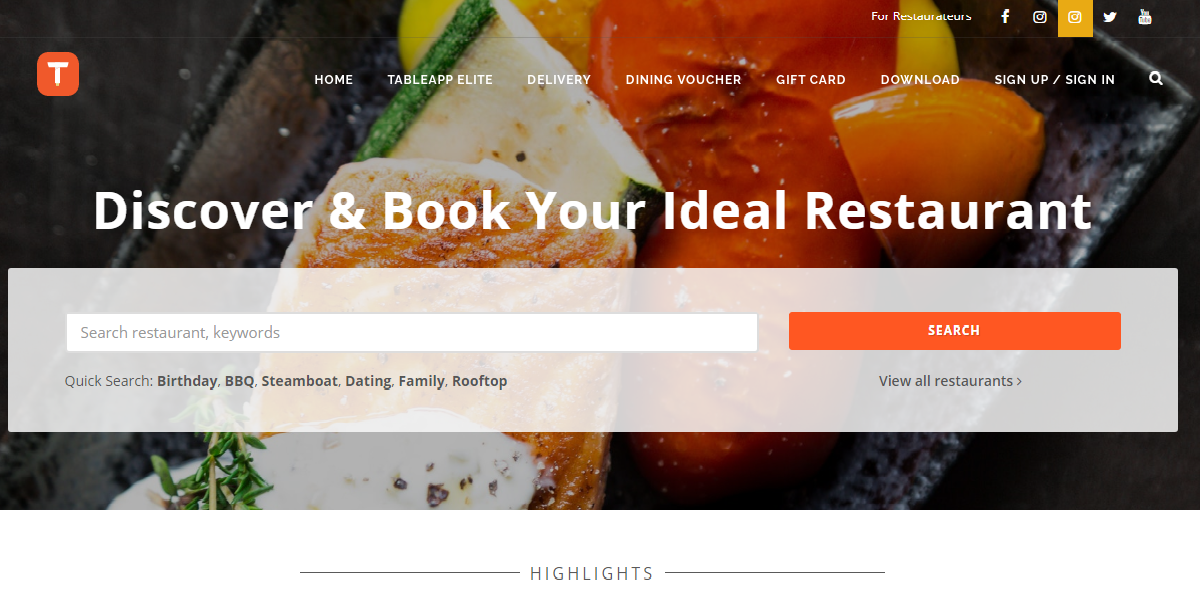 A screenshot of the online restaurant reservation platform TABLEAPP.