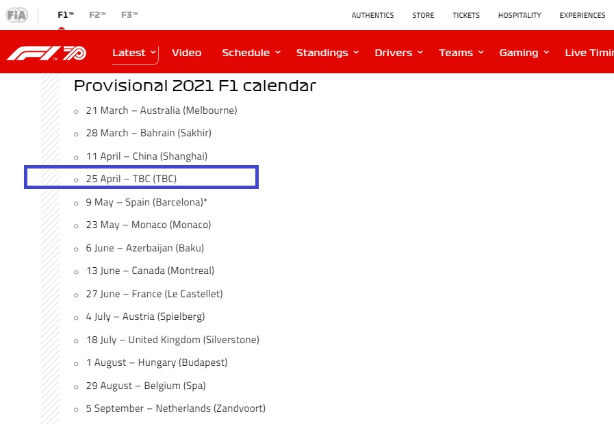 原定4月25日举办的越南大奖赛，在最新出炉的临时赛程，变成TBC（待确认）。-F1官网截屏-