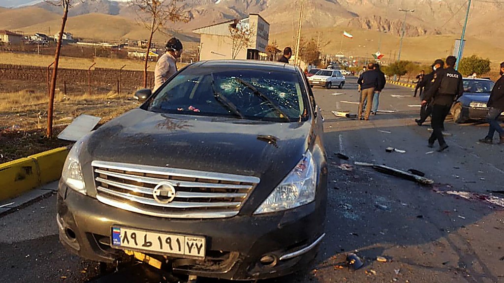A handout photo made available by Iran state TV (IRIB) on November 27, 2020, shows the damaged car of Iranian nuclear scientist Mohsen Fakhrizadeh after it was attacked near the capital Tehran. u00e2u20acu201d IRIB agency pic via AFP