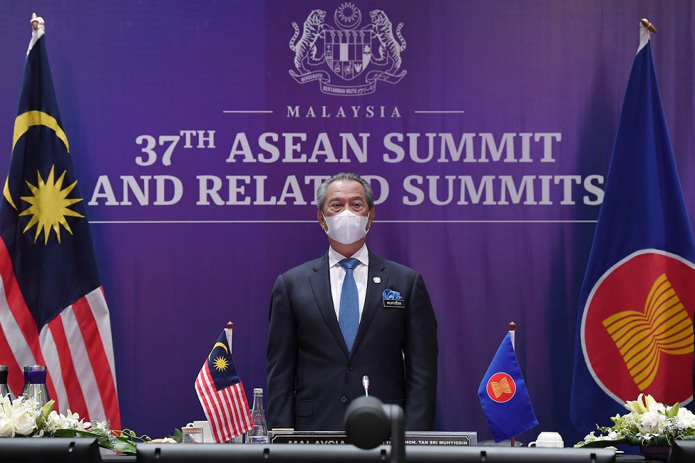 Prime Minister Tan Sri Muhyiddin Yassin during a conference call with other leaders at the 17th Asean-India Summit held in Hanoi, in Kuala Lumpur November 13, 2020. u00e2u20acu201d Bernama pic