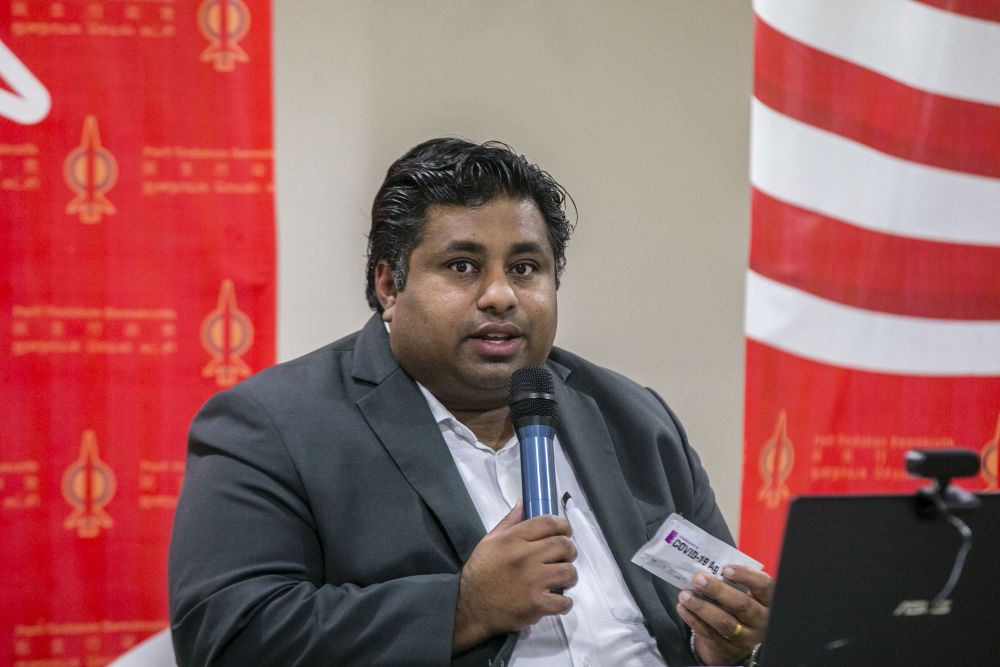 Bukit Gasing assemblyman Rajiv Rishyakaran speaks during a press conference at DAPu00e2u20acu2122s headquarters in Kuala Lumpur November 24, 2020. u00e2u20acu201d Picture by Firdaus Latif