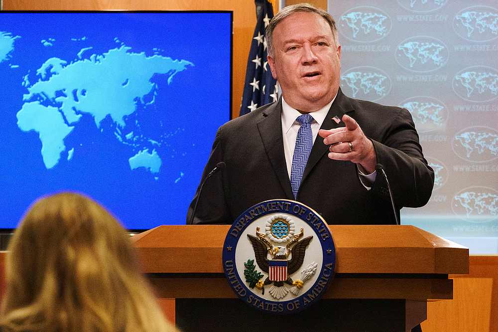US Secretary of State Mike Pompeo gestures about the counting of votes in the US election during a briefing at the State Department in Washington November 10, 2020. u00e2u20acu201d Pool pic via Reuters