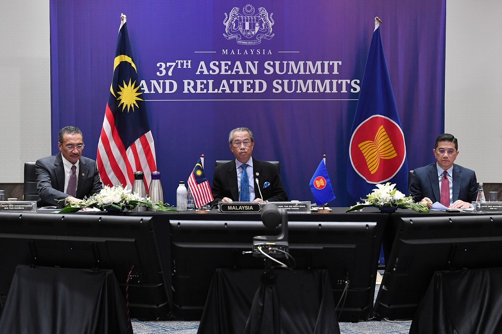Prime Minister Tan Sri Muhyiddin Yassin speaks during the 8th US-Asean Summit in Kuala Lumpur November 14, 2020. u00e2u20acu2022 Bernama pic