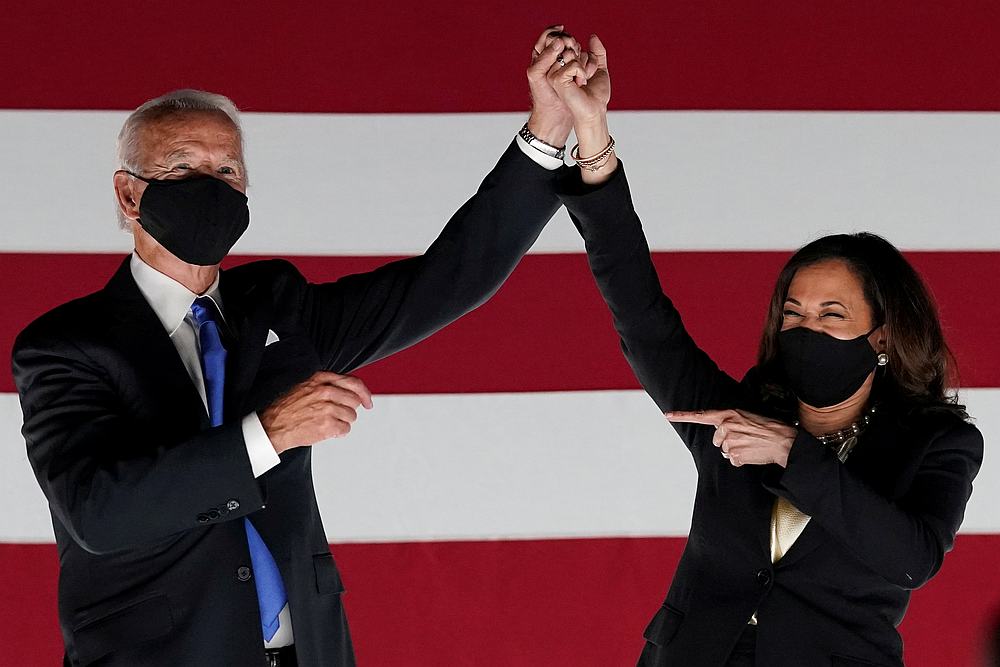 Joe Biden and Kamala Harris celebrate outside the Chase Center after Biden accepted the 2020 Democratic presidential nomination in Wilmington, Delaware August 20, 2020. u00e2u20acu201d Reuters pic