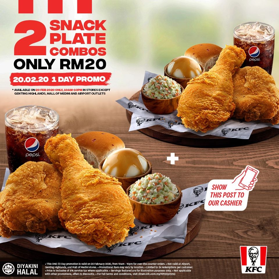 20令吉可以购买两份Snack Plate Combo炸鸡套餐。-图摘自KFCMalaysia脸书-