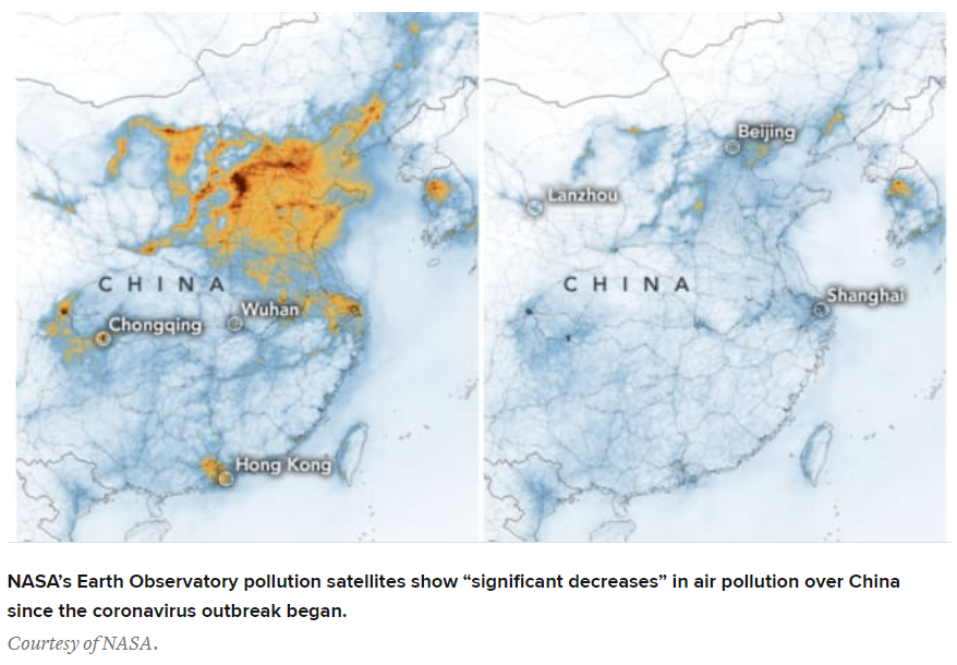 美国太空署（NASA）卫生图像显示，中国主要城市在2020年二氧化氮的含量明显下降。-图摘自CNBC-