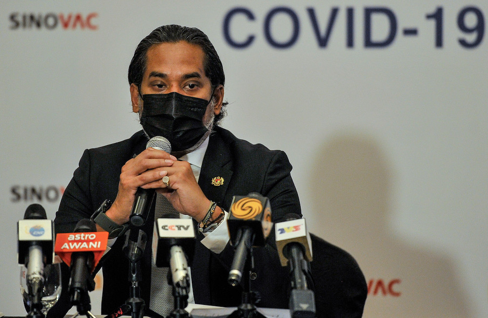 Science, Technology and Innovation Minister Khairy Jamaluddin speaks to the media after attending a signing ceremony between Pharmaniaga and Sinovac for bulk supply of the Sinovac vaccine. u00e2u20acu201d Bernama pic